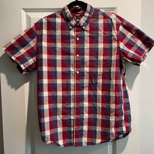 J crew red white blue pattern short sleeve button up